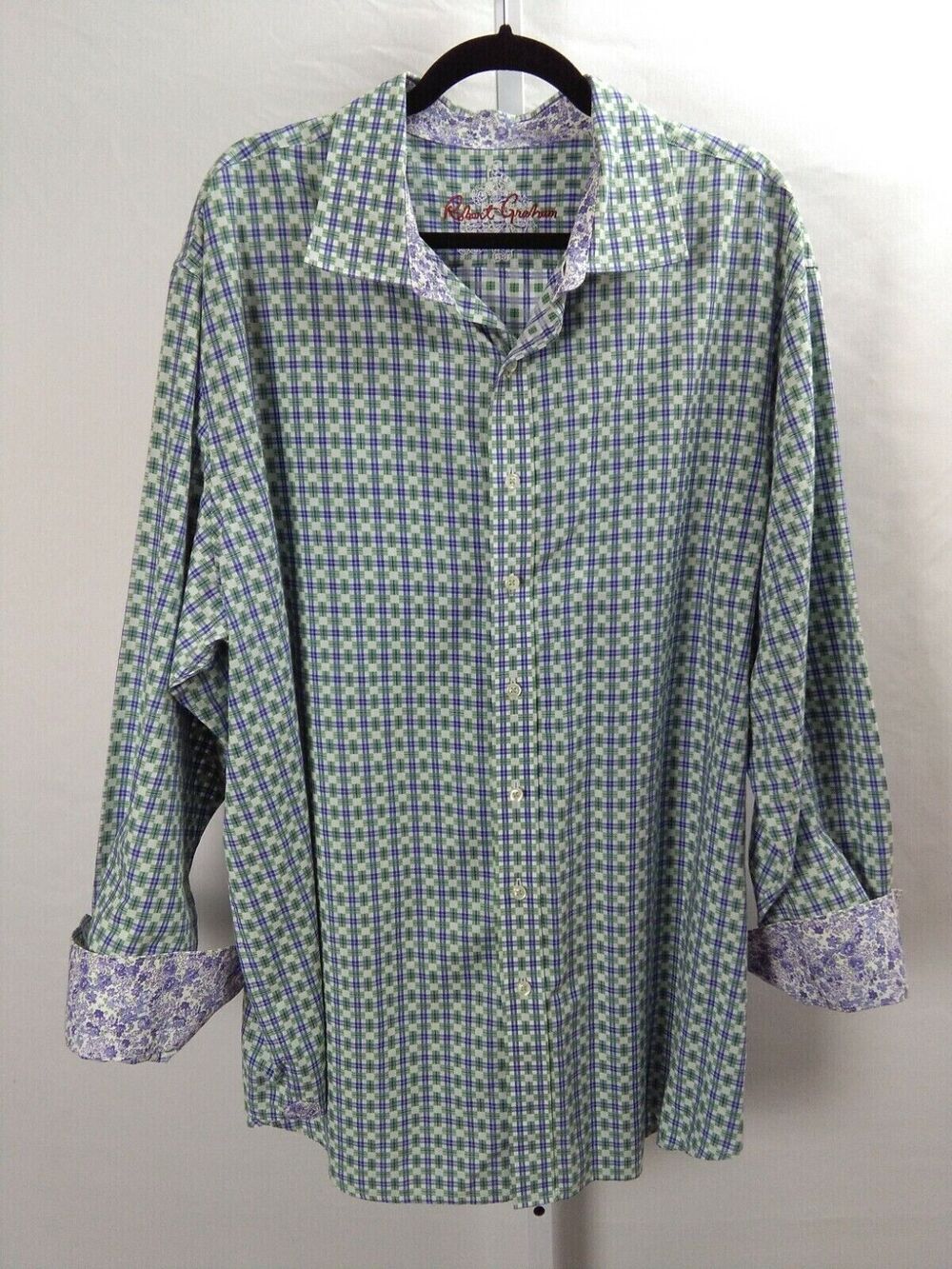 Robert Graham Green Purple Flowers Button Front Party Shirt sz 2XL